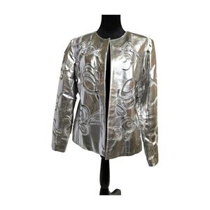 Chico's Silver Metallic Leather Jacket w/ Cutout Design. Size 2 (Large 10-12)